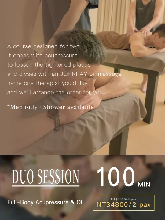 Duo session · Full-body acupressure & oil · 100 min · NT$4,800 for two (reg. NT$5,400) · Shower available